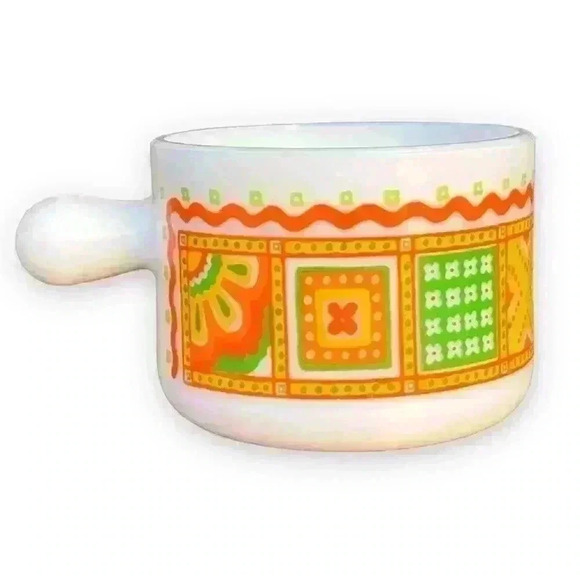 1970´s Avon mod patchwork print milk glass soup mug/trinket dish/shaving mug - Picture 1 of 6